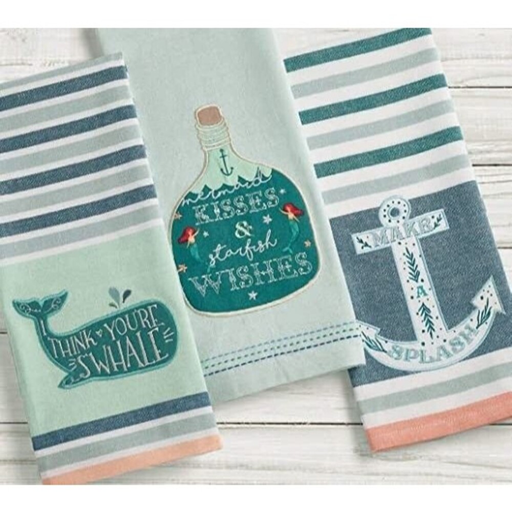 Embroidered Beach Kitchen Tea Towels Mermaid Anchor Whale/Bundle Set of 3